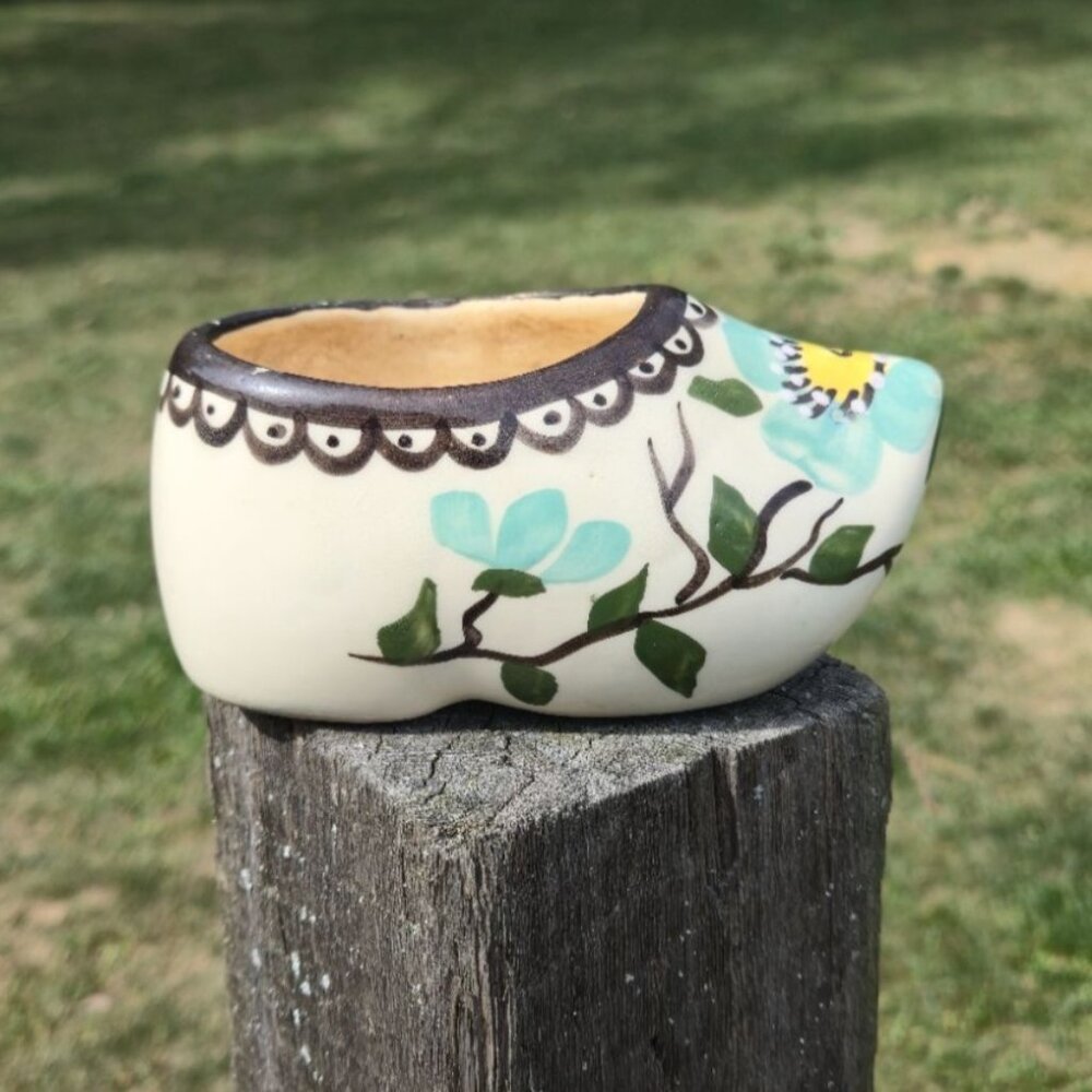 Vintage Hand Painted Dutch Clog Planter Ceramic Shoe Planter with Floral Design, - Picture 5 of 10